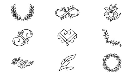 Fototapeta premium Vintage Floral Tribal Design Elements Vector Set with Ornate Flowers Leaves Swirls Frames Black Silhouette Decorative Icons and Nature Ornament Collection