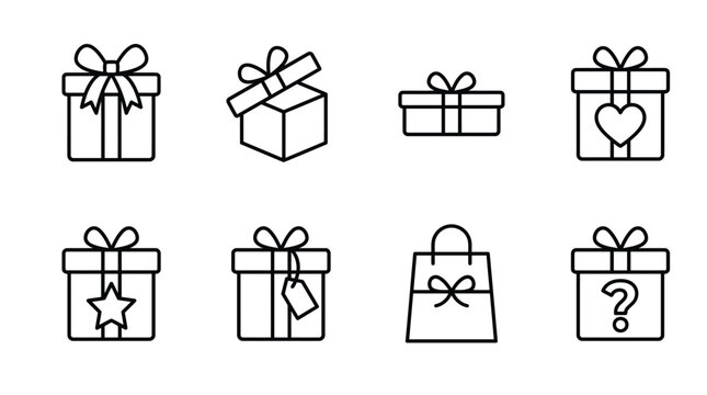 Gift Box Present Line Icon Variation Set of 8, Classic Open Lid Side Heart Star Tag Bag Surprise Outline Vector Editable Stroke Illustration