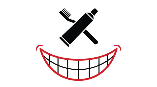 Minimalist vector illustration of a wide smiling mouth with crossed toothbrush and toothpaste tube design icon
