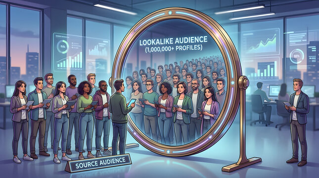 Diverse group looking into a mirror. Concept of lookalike audience and digital marketing.