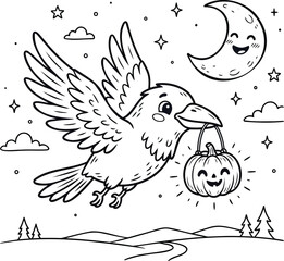 Obraz premium Cartoon raven flying with glowing jack-o'-lantern, halloween-themed crow bird wings spread