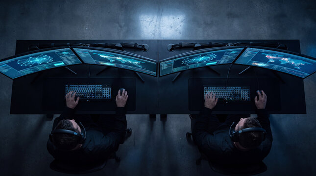 Two analysts working at mirrored curved monitor workstations in a control room, aerial view