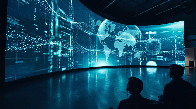 Silhouetted operators viewing a curved wall of glowing global data visualizations