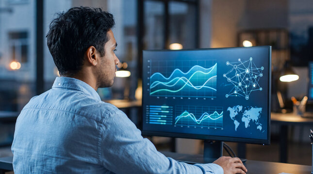 Man viewing data charts and a network diagram on his office monitor