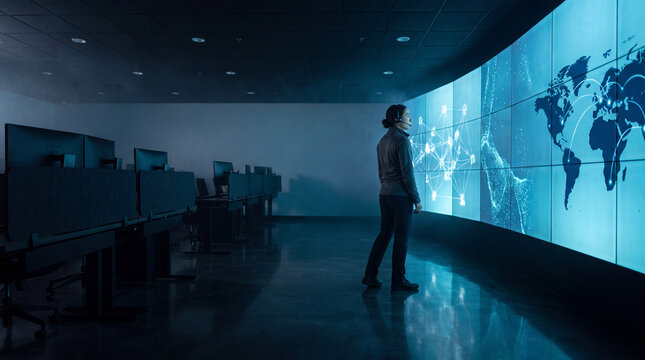Analyst standing before a curved wall screen with network data in a dark operations center