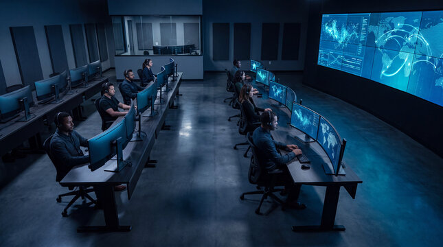 Wide view of analysts working at curved desks in a global operations center