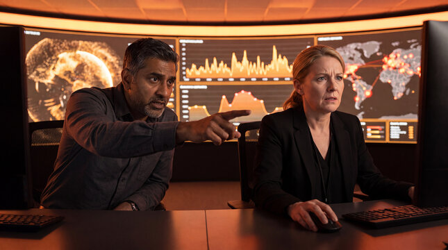 Concerned analysts reviewing alert data on an orange-lit control room display