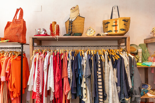 Vibrant women's clothing store interior display