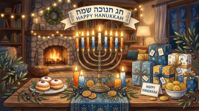 Festive Hanukkah room with menorah and holiday gifts.