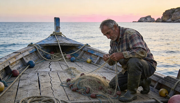 Fisherman untangling nets on traditional wooden boat at dawn. Coastal setting