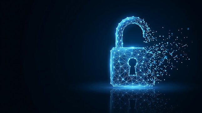 Blue glowing digital padlock dissolving into binary code and data particles against dark background cyber security