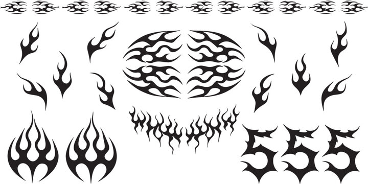 Tribal flame tattoo designs in black on white with numbers 555 for custom body art