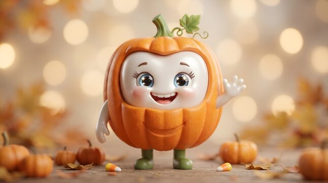 A cute cartoon pumpkin character with a friendly face standing in a festive autumn setting to wish everyone a very warm and happy thanksgiving holiday