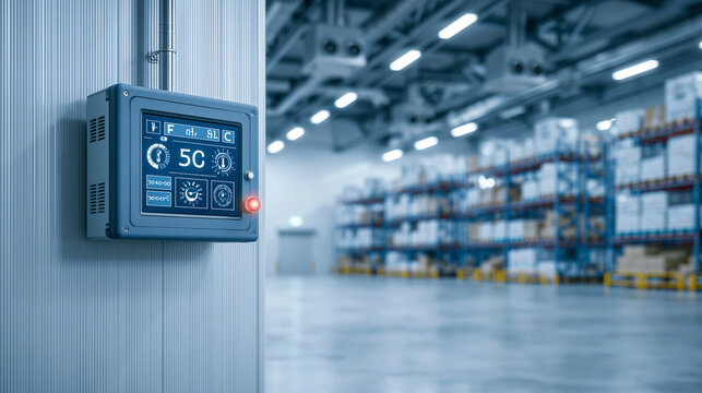 Frozen storage logistics warehouse wide shot with smart temperature control panel and cool industrial lighting in a cold chain setting