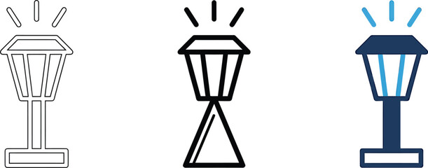 Naklejka premium Three different styled outdoor lamp posts with light beams