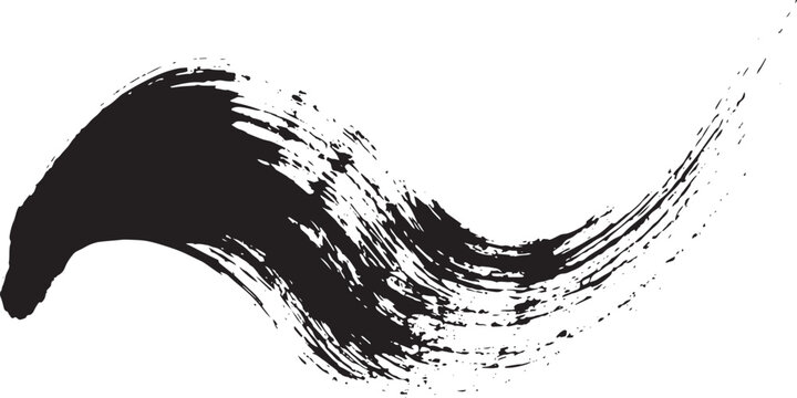Black ink brush stroke wave on white background abstract calligraphy concept minimalist design style