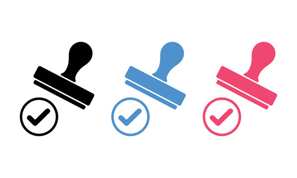 Three colorful checkmark stamps with approval icons