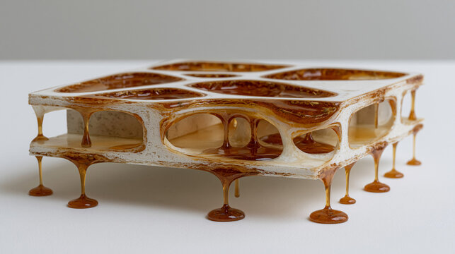 Single object detail on sterile white background a scale architecture model dripping honey amber resin along facade edges representing organic parametric structure design for