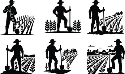 A farmer holding a shovel beside a crop field on labor day bundle silhouette icon vector art illustration © MohammadZiaul