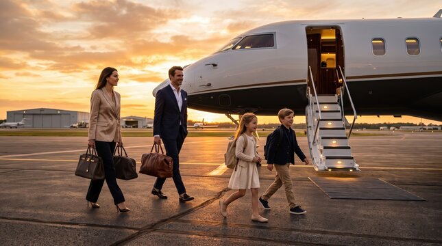 Family walking toward private jet on airport tarmac at sunset, parents carrying luggage with two children following, travel lifestyle and business travel scene