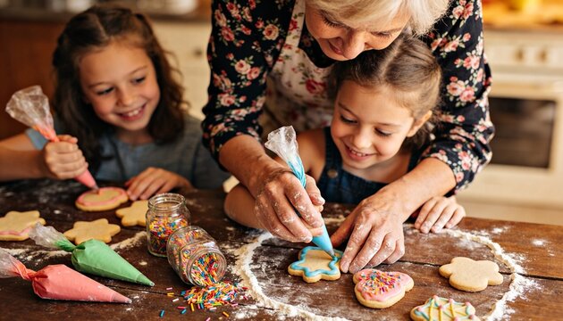 Grandmother teaching grandchildren to decorate cookies. Flour-dusted table