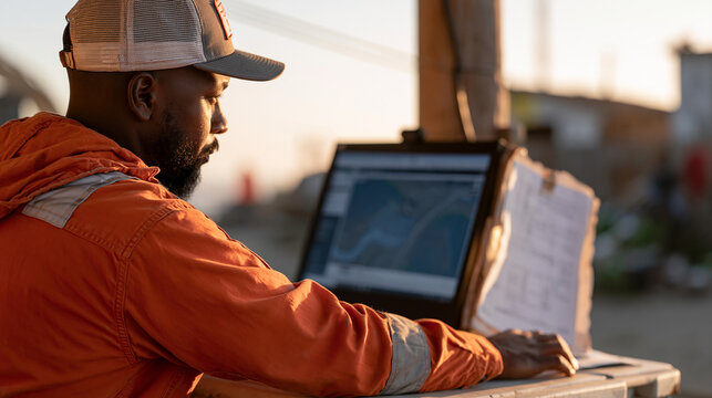 Over the shoulder view of a flood rescue coordinator at golden hour reviewing evacuation zone maps on a portable command table paper texture handmade deckle edge field notes