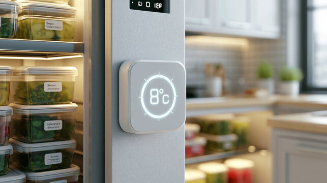 Photorealistic kitchen refrigerator interior with digital temperature display and organized labeled food containers in bright natural light