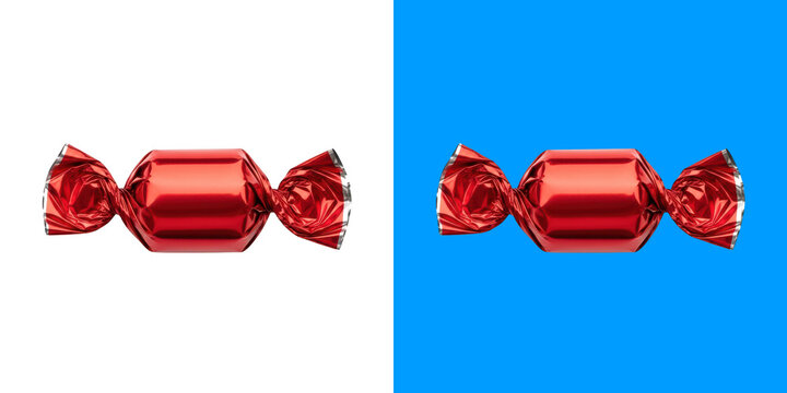 A single vibrant red wrapped candy shown against both a black and a bright blue background