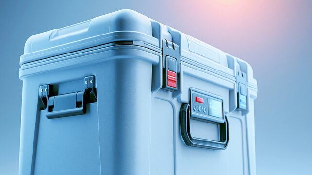Close up of portable medical vaccine cooler for cold chain logistics with soft clinical lighting and copy space