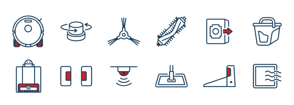 Robot vacuum cleaner and smart features icons set showing the device, brushes, sensors, and docking station in a minimalist blue and red line art style for technology concepts
