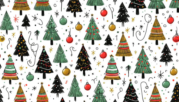 hand drawn scribble christmas tree and ornament seamless vector pattern with white background