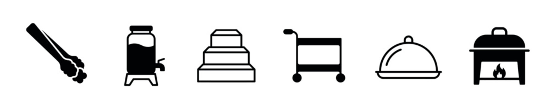 Set of black catering and buffet icons including a chafing dish, cloche, cart, tongs, plate stacker, and dispenser in a minimalist glyph style for food service concepts