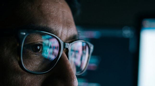 Close up of a man wearing glasses reflecting a computer screen with code reflection