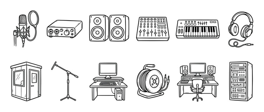 Hand-drawn set of music production equipment icons including a microphone, mixer, speakers, and headphones in a black and white doodle style illustration for recording studio concepts