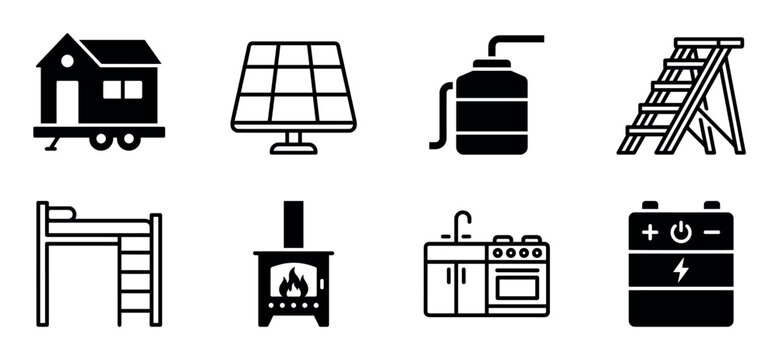 Set of black tiny house icons representing off-grid living with a mobile home, solar panel, battery, wood stove, loft bed, kitchen, ladder, and propane tank