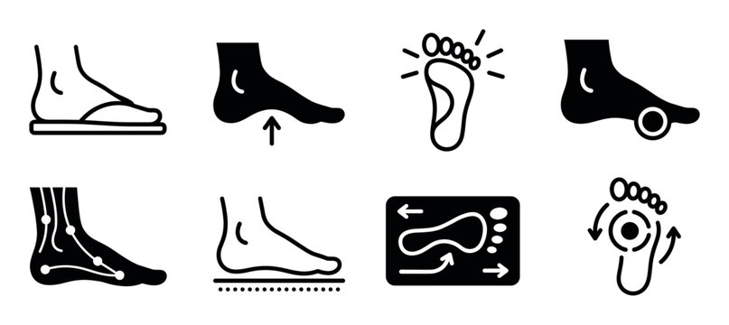 Set of black foot health icons showing various orthopedic and podiatry conditions like flat feet, high arch, bunions, and gait analysis in a simple glyph and line art style