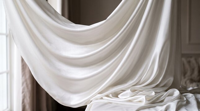 Elegant draped white satin fabric in natural daylight