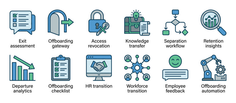 Collection of employee offboarding icons illustrating concepts like exit assessment, knowledge transfer, access revocation, and departure analytics for human resources