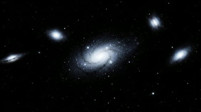 Deep space galaxy cluster animation, rotating spiral galaxies in infinite universe, cinematic astronomy background