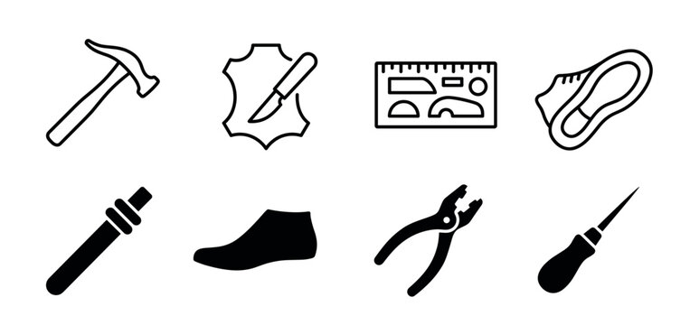 Set of black shoemaking tool icons for a cobbler's workshop, including a hammer, leather, pattern, sole, last, pliers, and awl in a minimalist line and glyph style