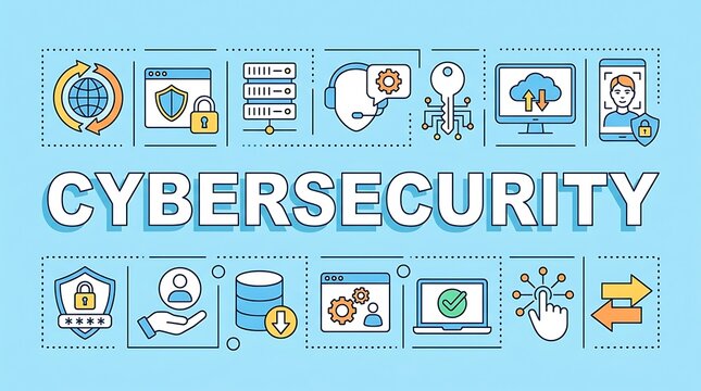 Flat of cybersecurity concepts with shield lock and data protection on light blue background computer security