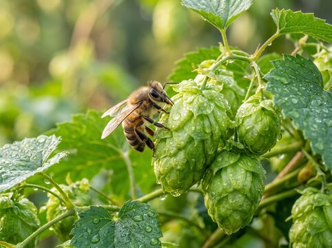honeybee pollinating green hop cones with morning dew in a sunny garden