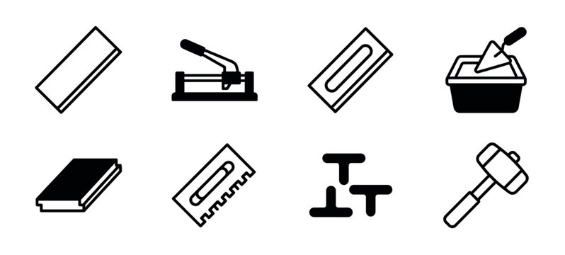 Tiling and flooring work tools icon set showing a tile cutter, trowel, mallet, and spacers for construction, renovation, and home improvement projects in a minimalist graphic style
