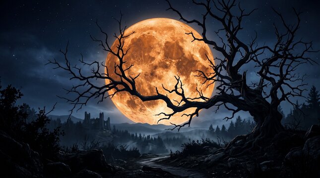 spooky night landscape with giant orange full moon and silhouette of dead gnarled tree against a dark forest and castle ruins