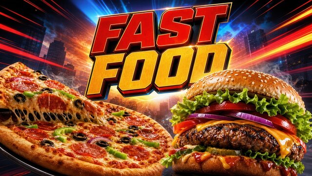 Fast food pizza and cheeseburger promotional banner with fiery motion lighting bold typography and appetizing restaurant advertising layout.

