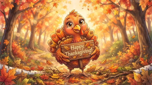 A cute cartoon turkey character standing in a beautiful autumn forest with golden fall foliage and trees wishing everyone a very happy thanksgiving holiday celebration