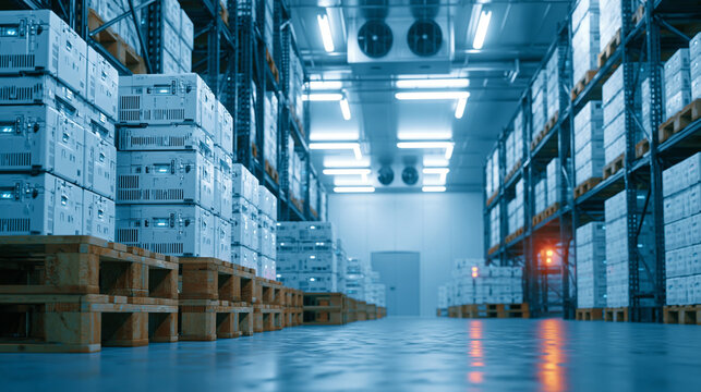 IoT sensors monitoring temperature data in real time on refrigerated cold storage pallets inside a warehouse with crisp cool lighting