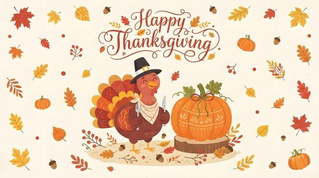 A festive watercolor illustration featuring a cute turkey wearing a pilgrim hat next to a large pumpkin with happy thanksgiving lettering for seasonal holiday cards