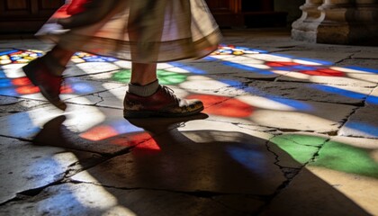 Obraz premium Low-Angle Steps on Stone Chapel Floor, Legs and Hems