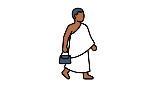 Male pilgrim in white ihram clothing walking with a bag